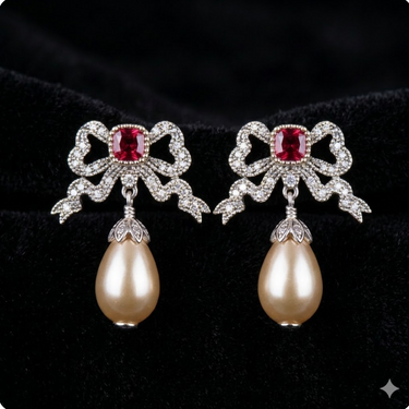 Ruby Crystal Bow & Champagne Pearl Drop Earrings